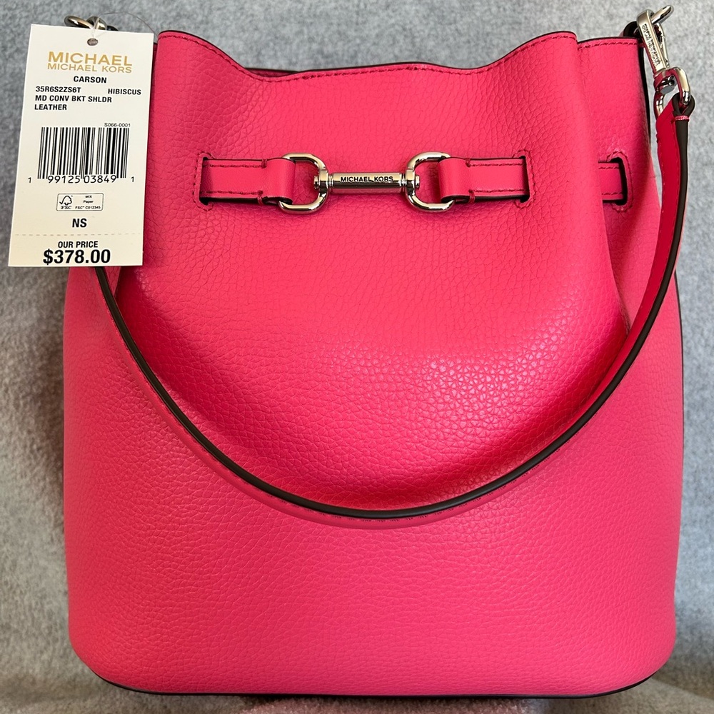 Michael Kors Carson MD Leather Shoulder Bag Hibiscus Pink NWT + Charm